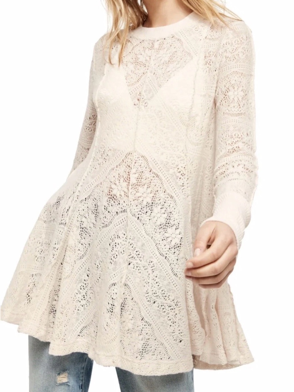 Free People Cream Lace Knit Swing Tunic